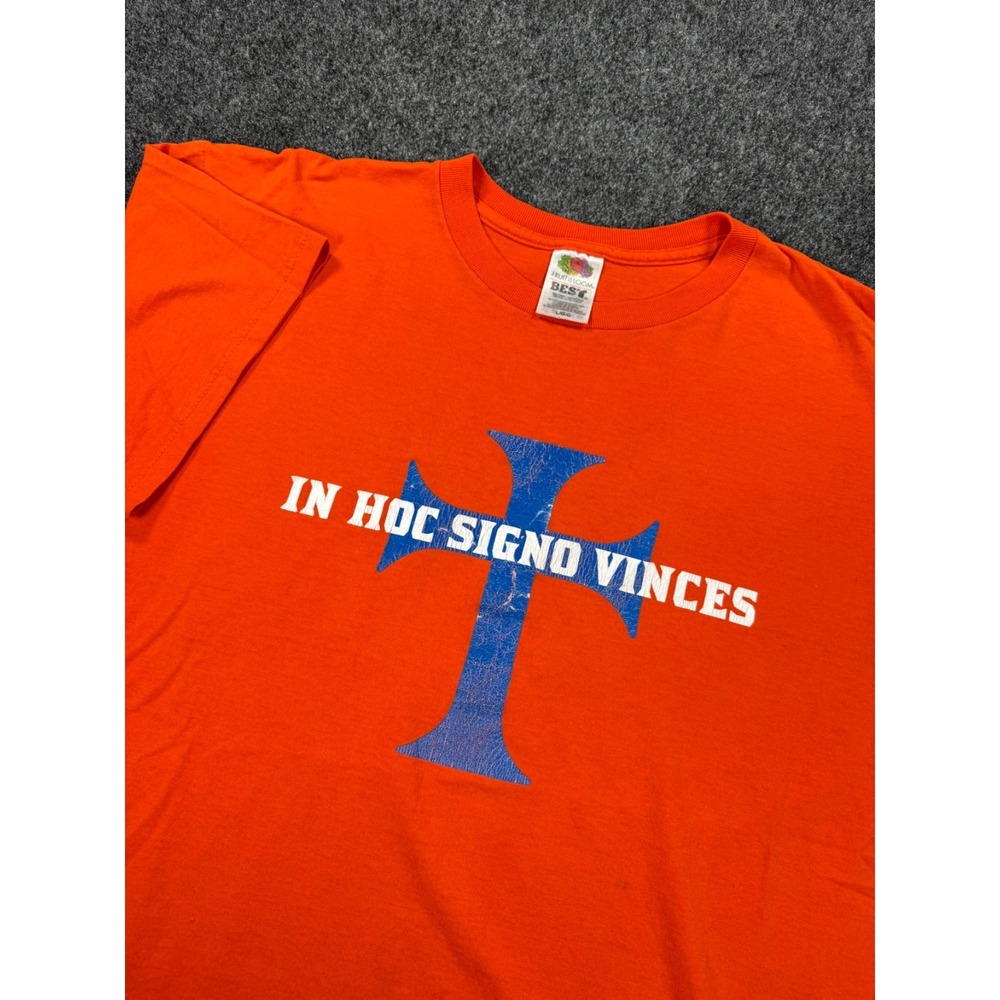 VTG 90s In Hoc Signo Vinces Cross T Shirt Mens L Orange Fruit of the Loom USA